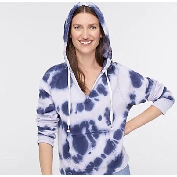 J CREW Garment Dye French Terry Hoodie Sweatshirt Tie Dye Blue/White Size Small - Picture 1 of 10